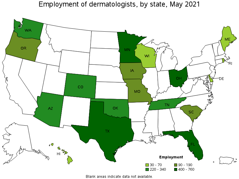Map of employment of dermatologists by state, May 2021