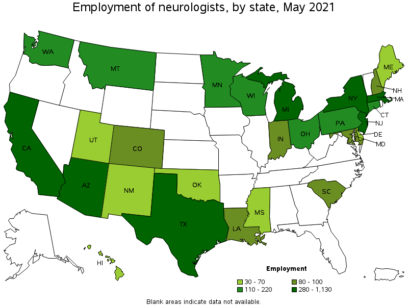 Map of employment of neurologists by state, May 2021