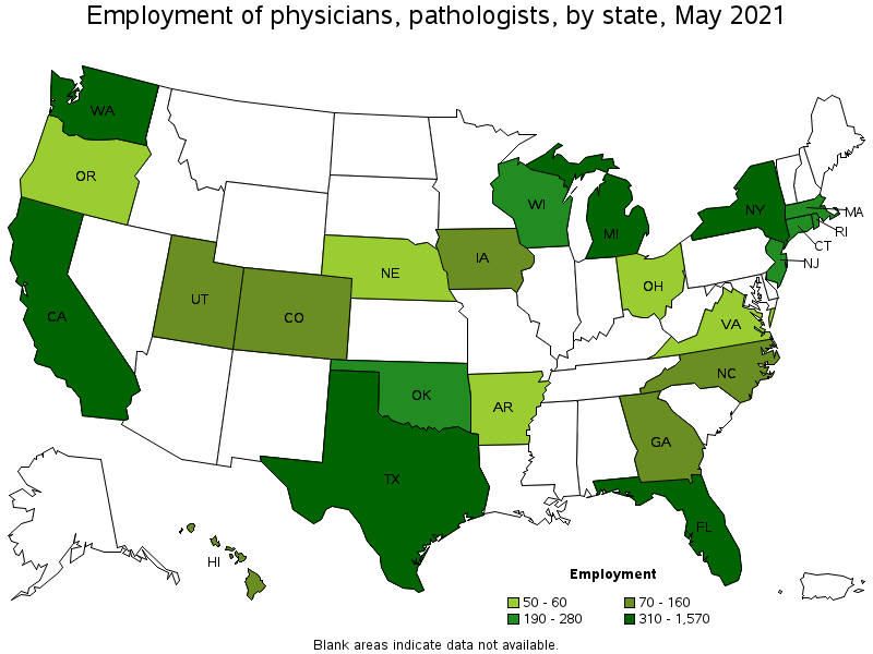 Map of employment of physicians, pathologists by state, May 2021