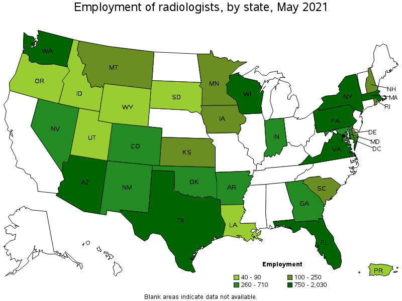 Map of employment of radiologists by state, May 2021