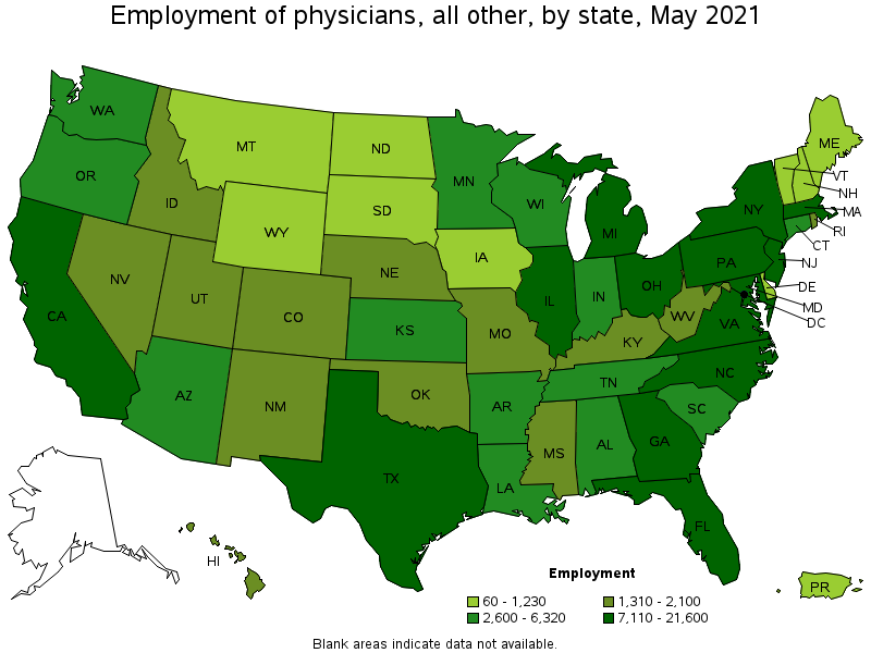 Map of employment of physicians, all other by state, May 2021