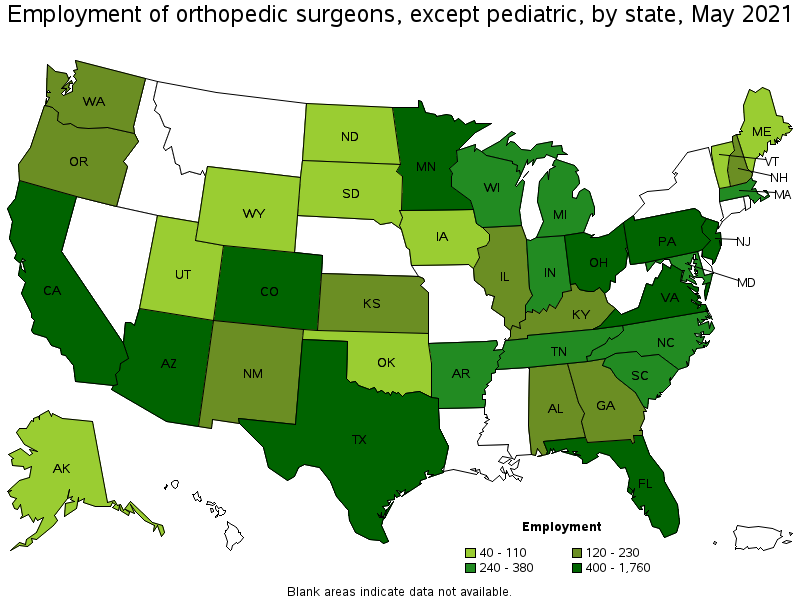 Map of employment of orthopedic surgeons, except pediatric by state, May 2021