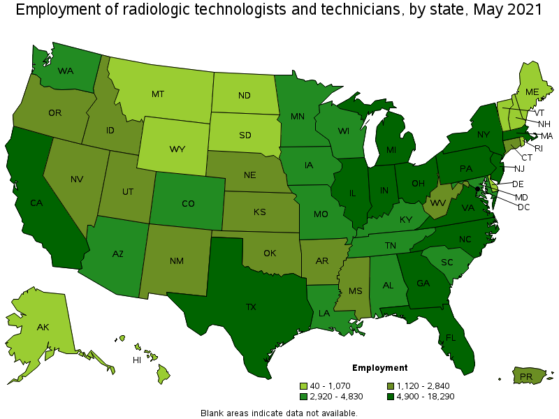 Map of employment of radiologic technologists and technicians by state, May 2021