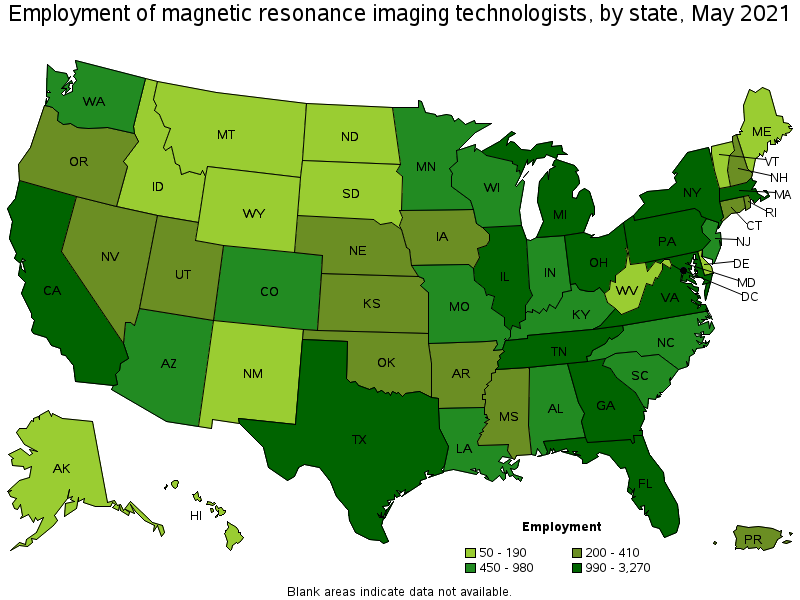 Map of employment of magnetic resonance imaging technologists by state, May 2021