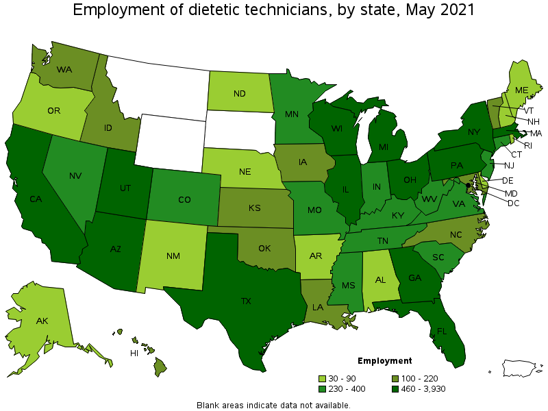 Map of employment of dietetic technicians by state, May 2021