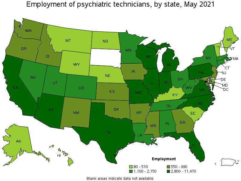 Map of employment of psychiatric technicians by state, May 2021