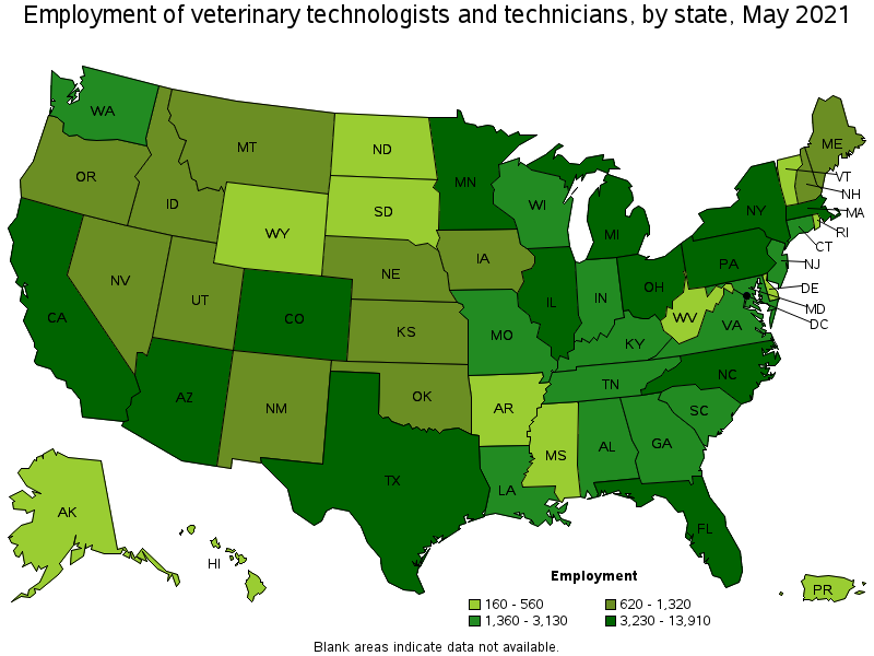 Map of employment of veterinary technologists and technicians by state, May 2021