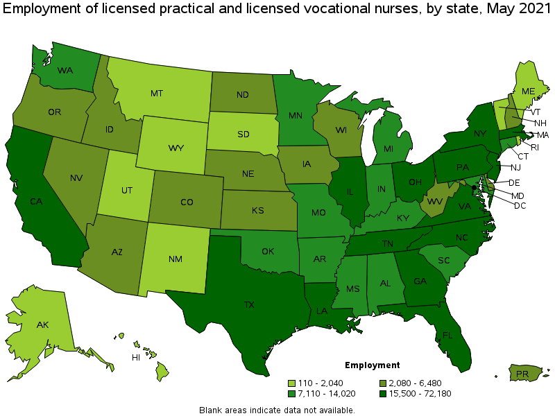 Map of employment of licensed practical and licensed vocational nurses by state, May 2021