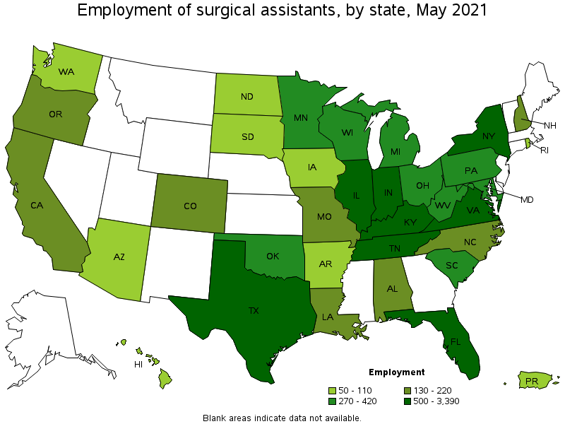 Map of employment of surgical assistants by state, May 2021