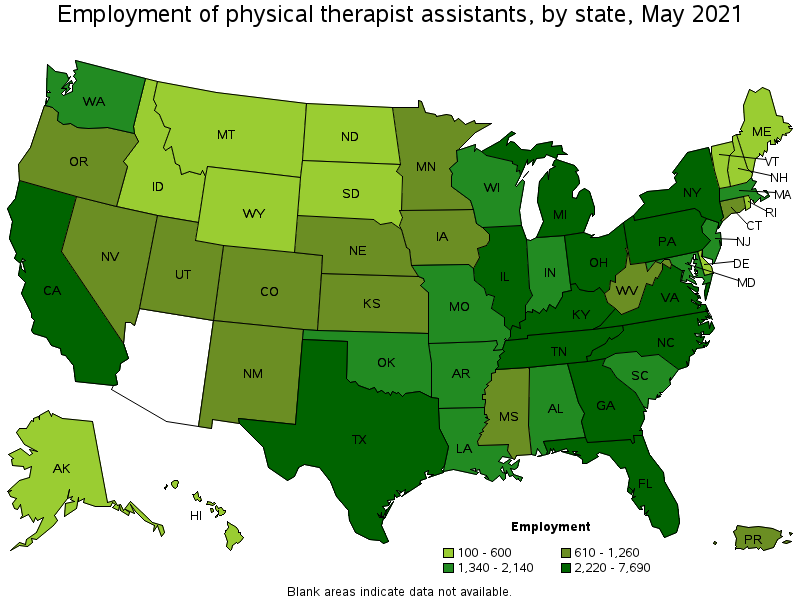 Map of employment of physical therapist assistants by state, May 2021