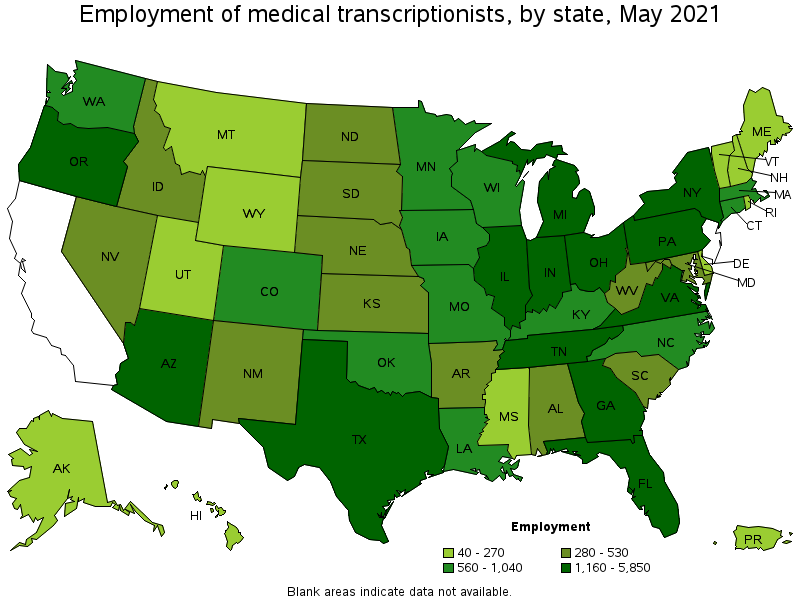 Map of employment of medical transcriptionists by state, May 2021