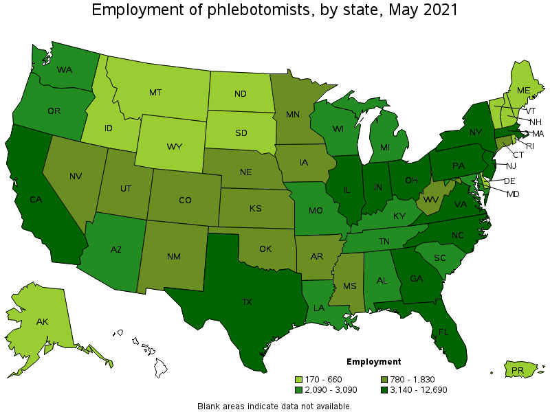 Map of employment of phlebotomists by state, May 2021