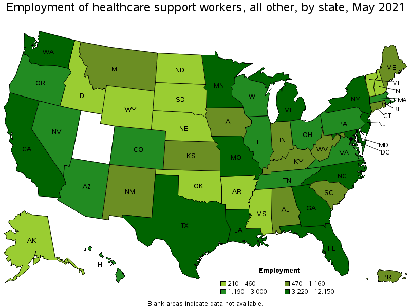 Map of employment of healthcare support workers, all other by state, May 2021