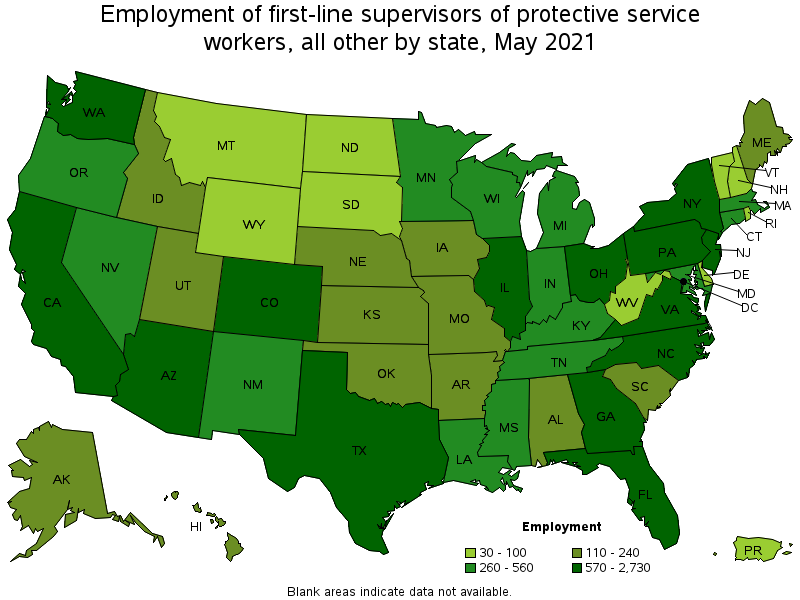 Map of employment of first-line supervisors of protective service workers, all other by state, May 2021