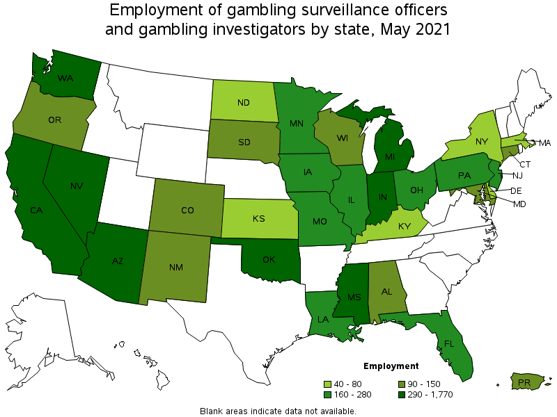 Map of employment of gambling surveillance officers and gambling investigators by state, May 2021