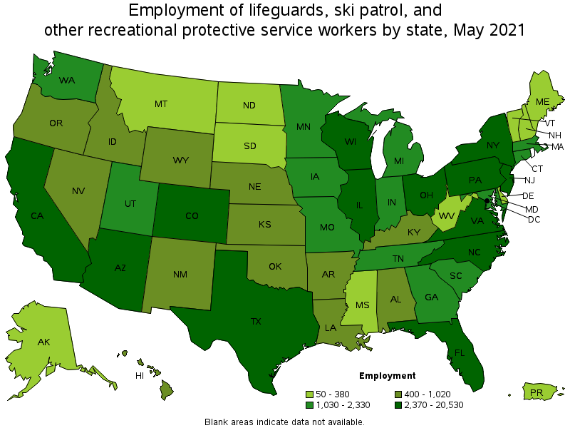 Map of employment of lifeguards, ski patrol, and other recreational protective service workers by state, May 2021