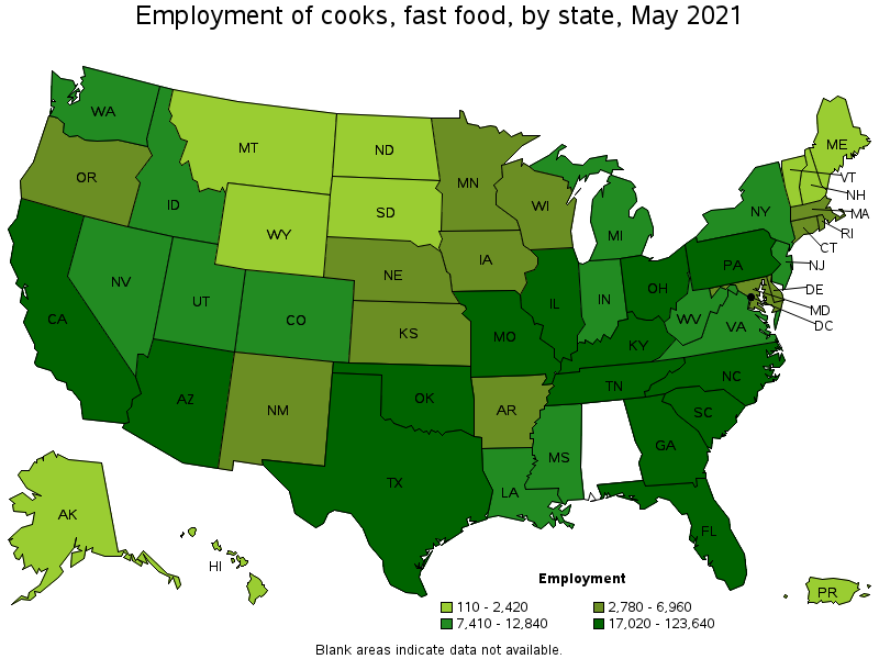 Map of employment of cooks, fast food by state, May 2021