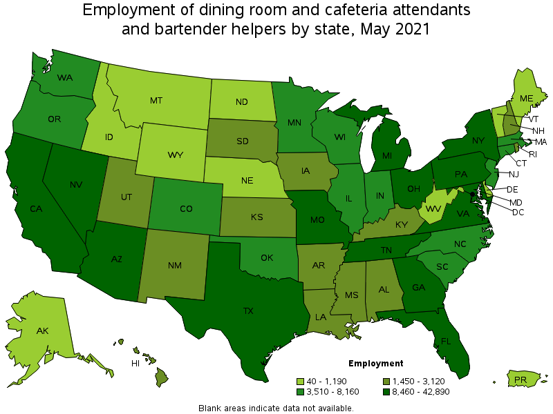 Map of employment of dining room and cafeteria attendants and bartender helpers by state, May 2021