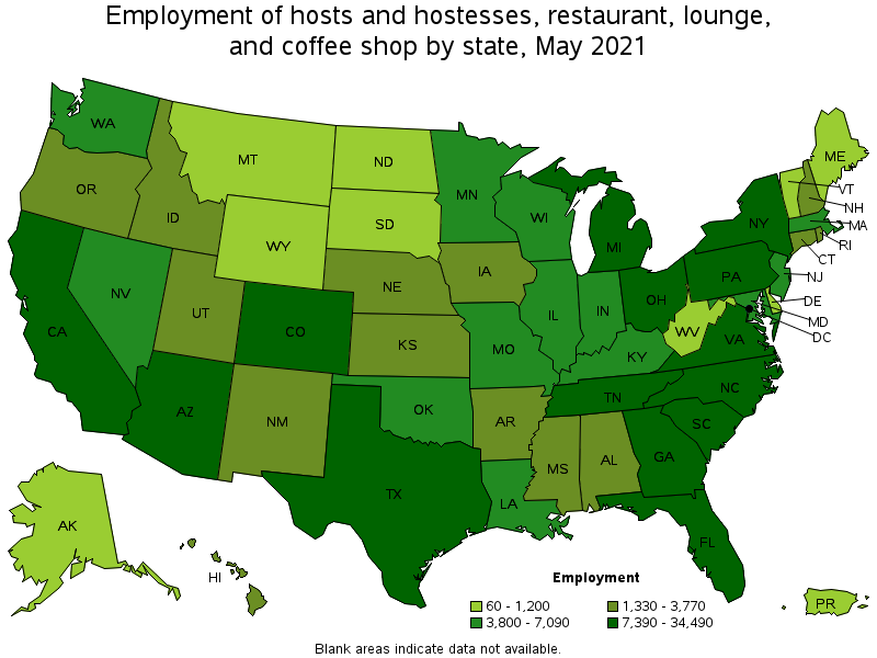 Map of employment of hosts and hostesses, restaurant, lounge, and coffee shop by state, May 2021