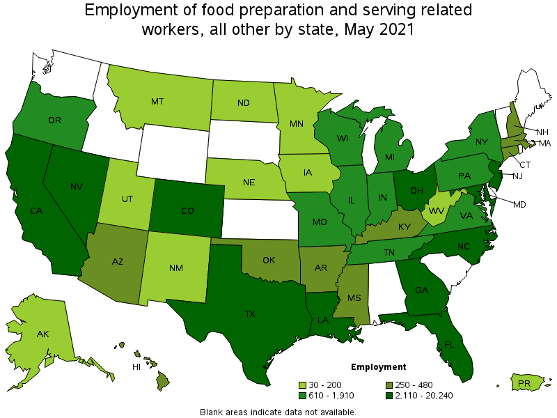 Map of employment of food preparation and serving related workers, all other by state, May 2021