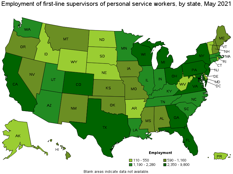 Map of employment of first-line supervisors of personal service workers by state, May 2021