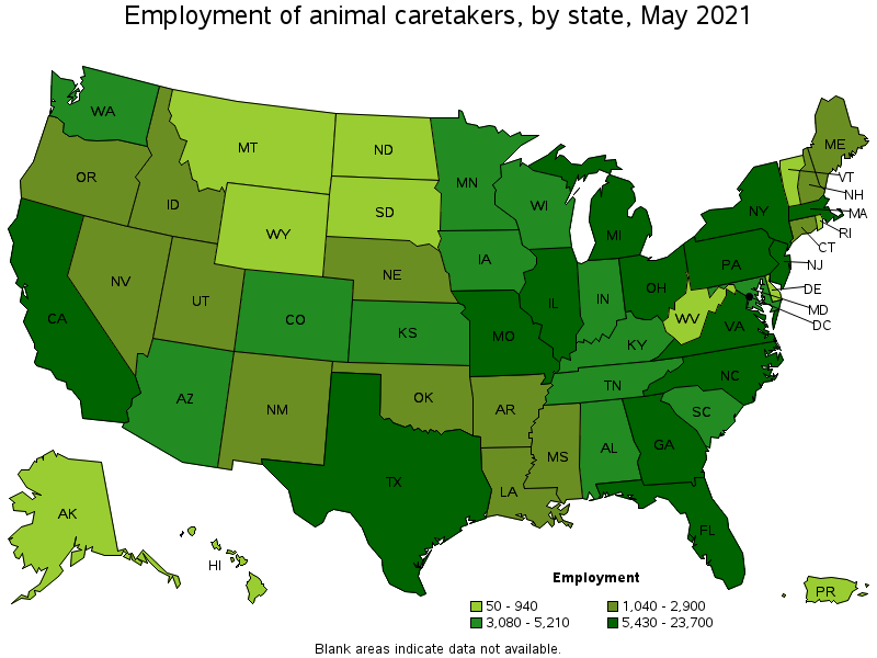 Map of employment of animal caretakers by state, May 2021