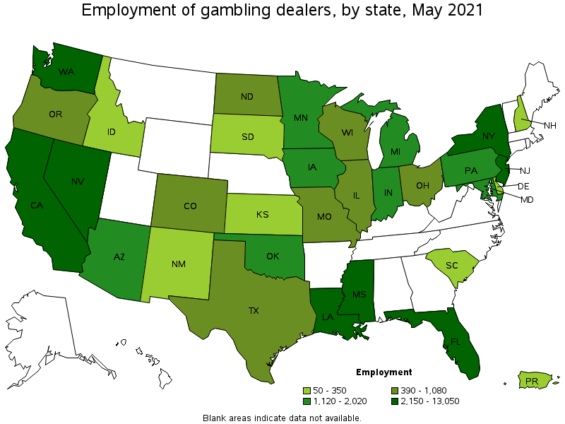 Map of employment of gambling dealers by state, May 2021