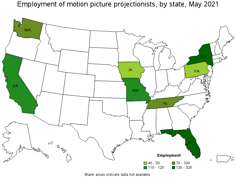 Map of employment of motion picture projectionists by state, May 2021