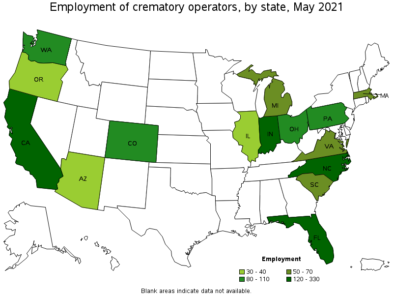 Map of employment of crematory operators by state, May 2021