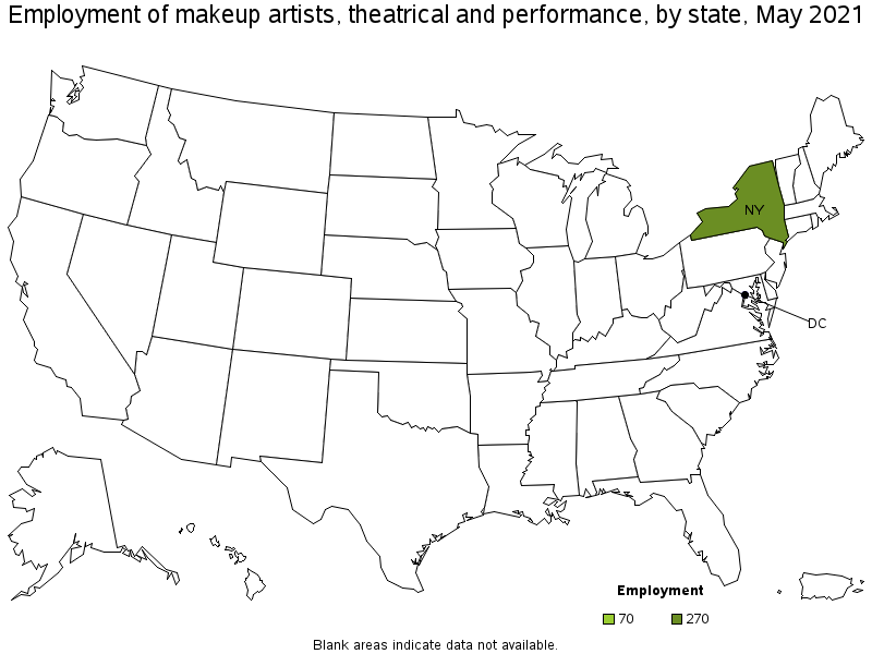 Map of employment of makeup artists, theatrical and performance by state, May 2021