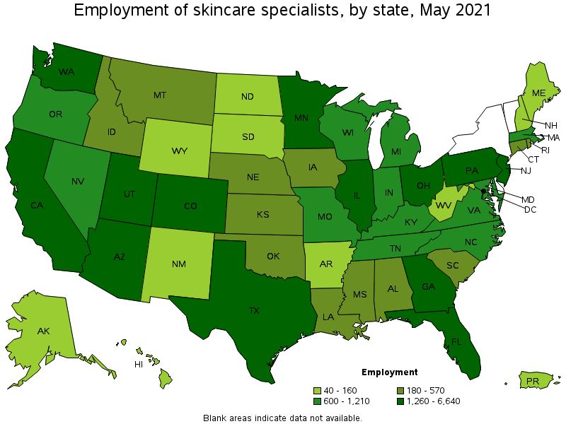 Map of employment of skincare specialists by state, May 2021