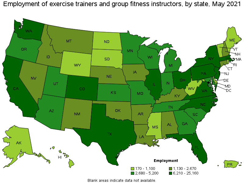 Map of employment of exercise trainers and group fitness instructors by state, May 2021