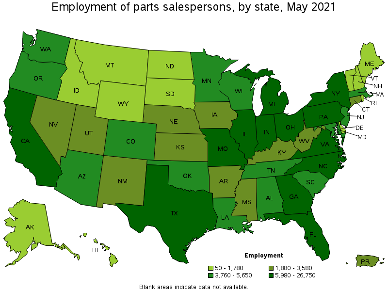 Map of employment of parts salespersons by state, May 2021