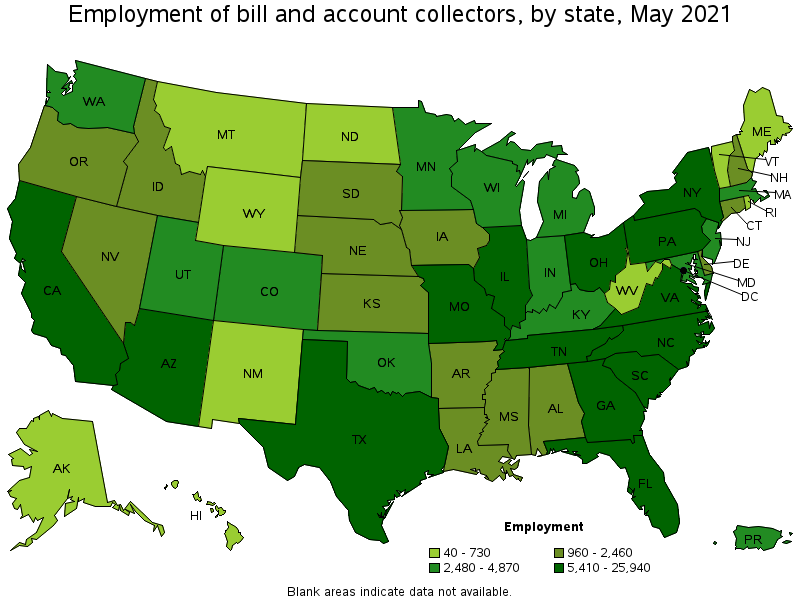 Map of employment of bill and account collectors by state, May 2021