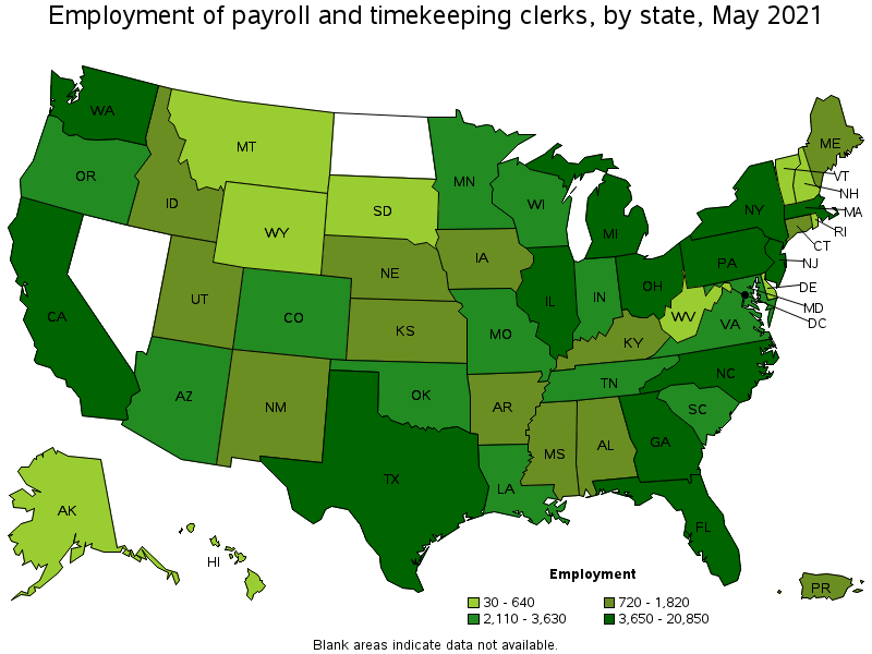 Map of employment of payroll and timekeeping clerks by state, May 2021