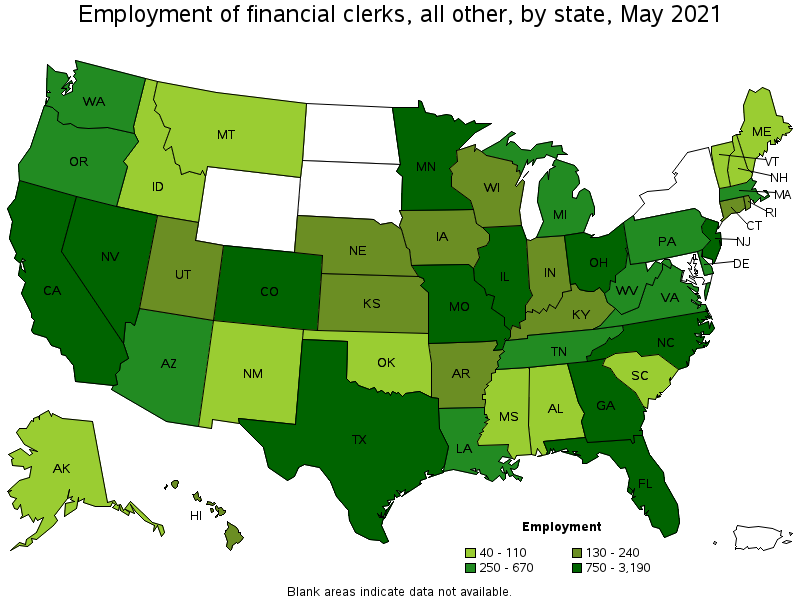 Map of employment of financial clerks, all other by state, May 2021