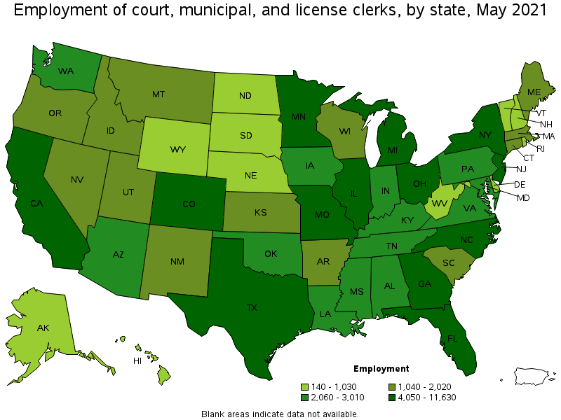 Map of employment of court, municipal, and license clerks by state, May 2021