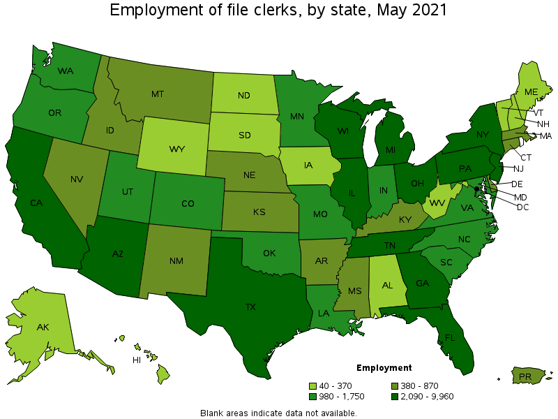 Map of employment of file clerks by state, May 2021