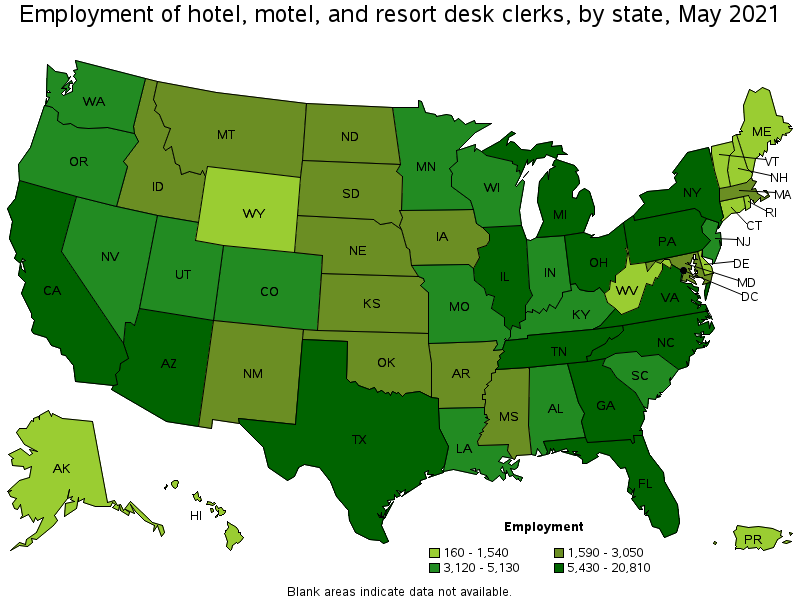 Map of employment of hotel, motel, and resort desk clerks by state, May 2021