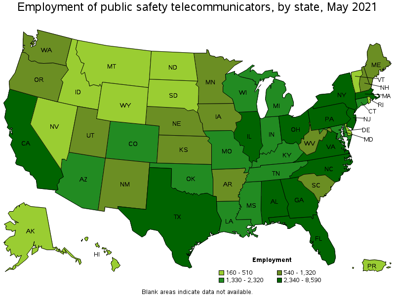 Map of employment of public safety telecommunicators by state, May 2021