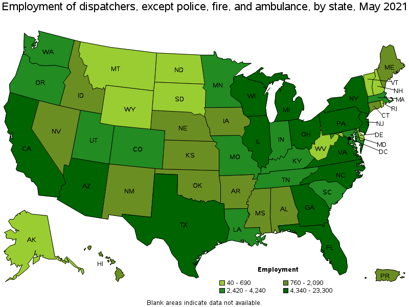 Map of employment of dispatchers, except police, fire, and ambulance by state, May 2021