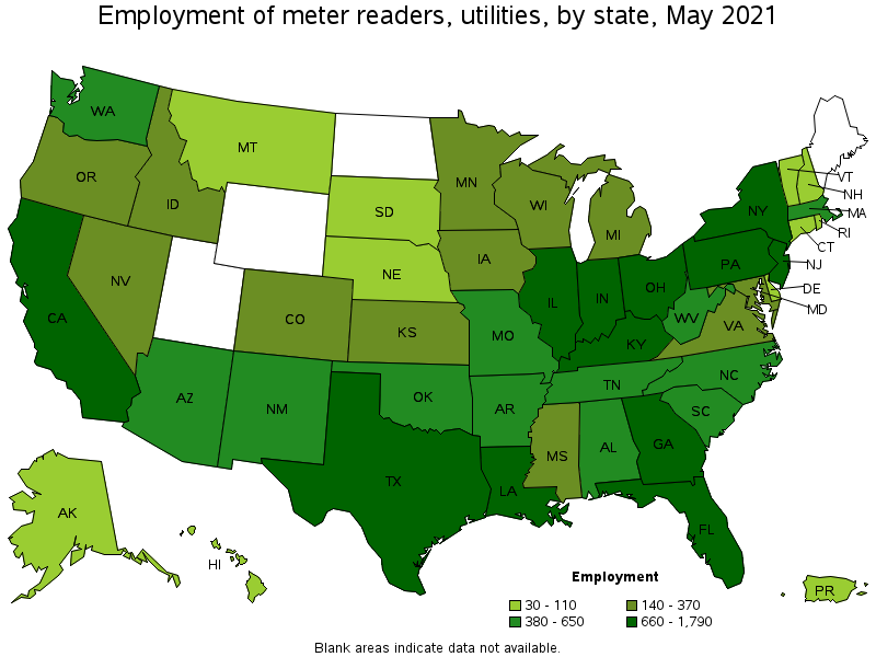 Map of employment of meter readers, utilities by state, May 2021