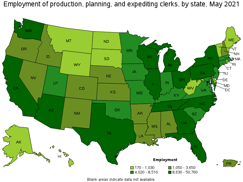 Map of employment of production, planning, and expediting clerks by state, May 2021