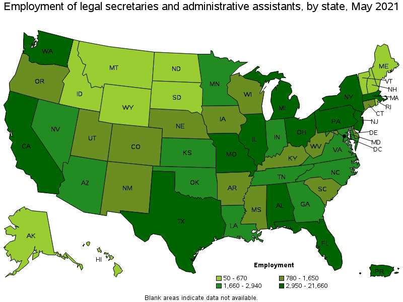 Map of employment of legal secretaries and administrative assistants by state, May 2021