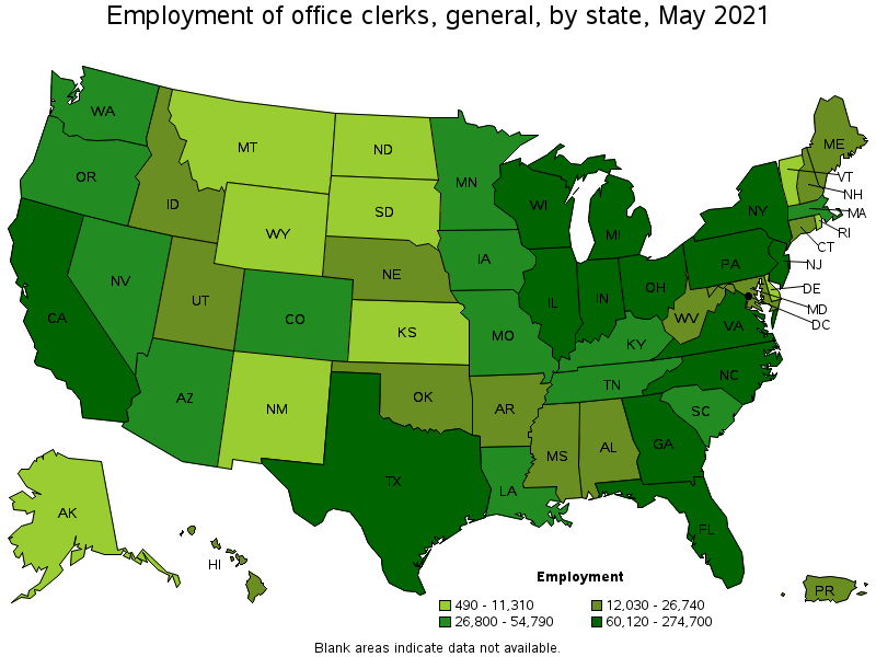 Map of employment of office clerks, general by state, May 2021