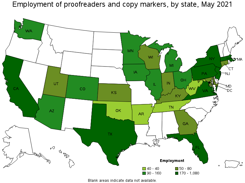 Map of employment of proofreaders and copy markers by state, May 2021