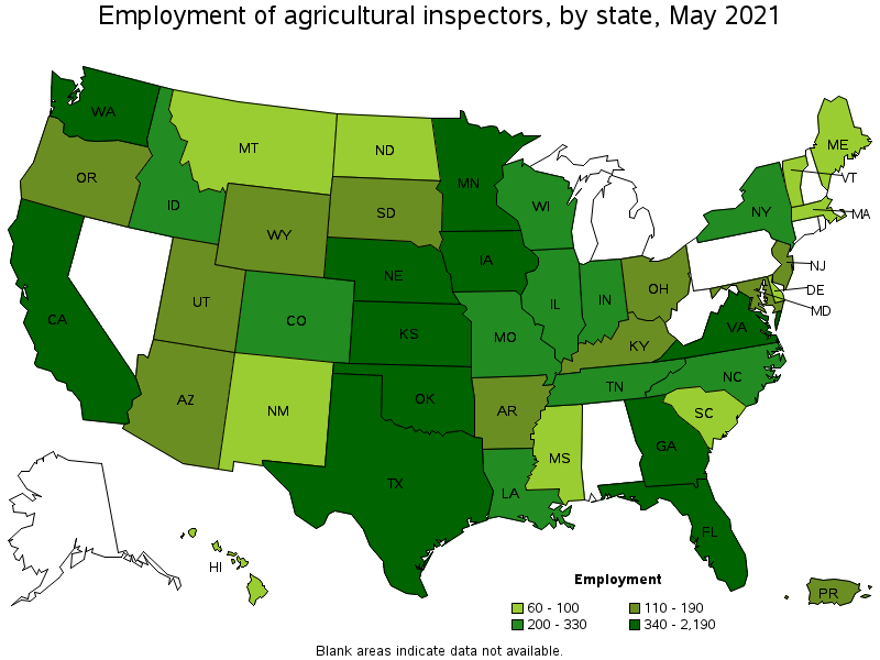 Map of employment of agricultural inspectors by state, May 2021