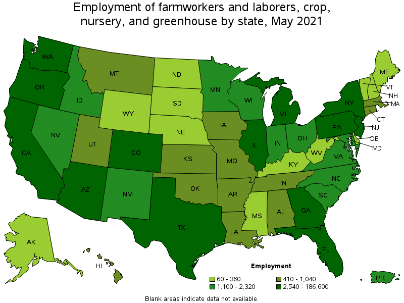 Map of employment of farmworkers and laborers, crop, nursery, and greenhouse by state, May 2021