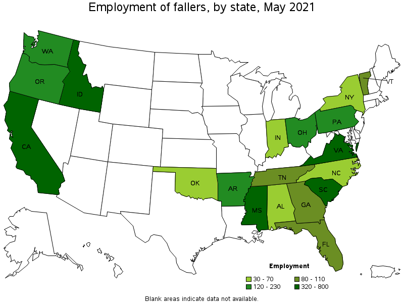 Map of employment of fallers by state, May 2021