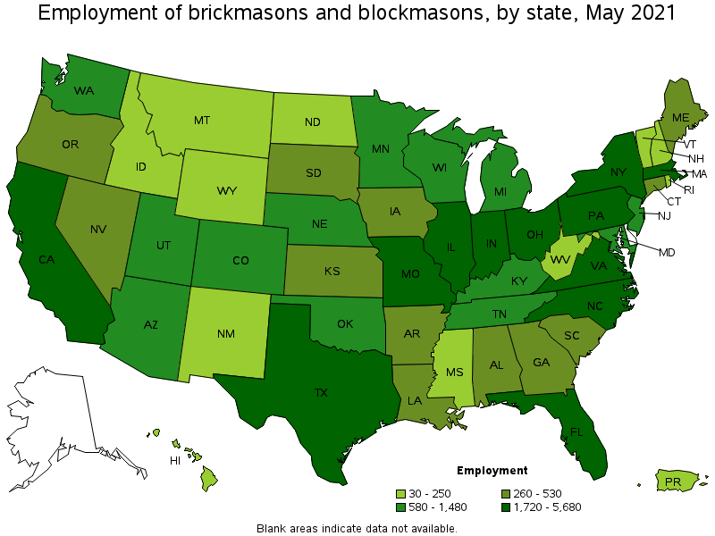 Map of employment of brickmasons and blockmasons by state, May 2021